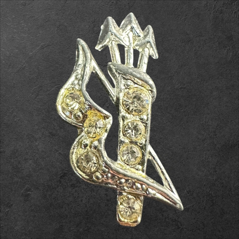 Unmarked Brooch Silver Tone Vintage Rhinestone‎ Bow, 3 Arrows & Quiver